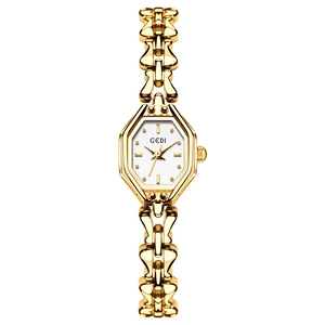 Elegant gold ladies quartz watch with octagonal dial and heart-link chain bracelet