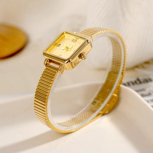 Elegant vintage gold square watch for women featuring camellia dial and stretch band