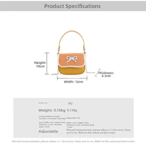 Tableau des tailles détaillé du mini sac enfant jaune en PU avec nœud et dentelle