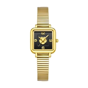 Elegant women's square gold watch with black floral dial and elastic metal band