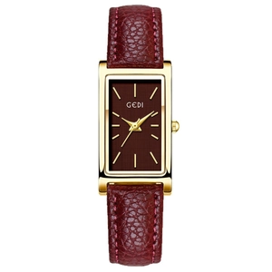 Minimalist square quartz watch with burgundy leather strap and gold metallic case
