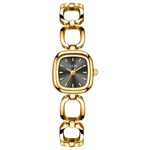 Elegant gold square quartz watch for women with gray sunray dial and chain bracelet