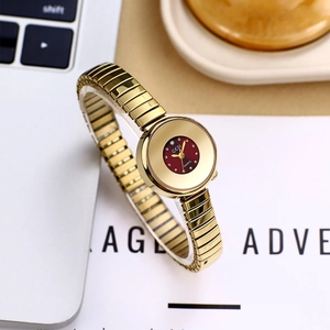 Elegant gold elastic band quartz watch with burgundy dial in a minimalist setting