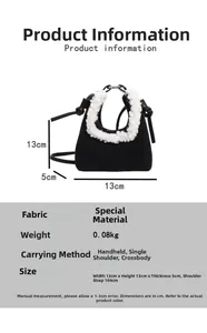 Detailed size chart for the black mini handbag with fuzzy faux fur trim and dimensions