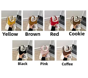 Detail view of mini plush crossbody bags in seven vibrant colors for little girls