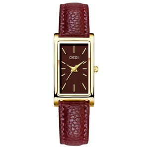 Square quartz watch with red leather strap and gold metal case for a vintage look