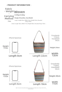 Tabella taglie borsa a secchiello intrecciata arcobaleno con misure e dettagli della tracolla