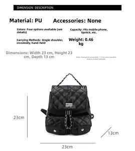 Vue détaillée montrant les dimensions et caractéristiques du sac à dos matelassé noir
