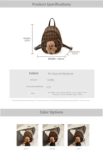 Detailed size chart of small plaid kids backpack with cute teddy bear and PU leather