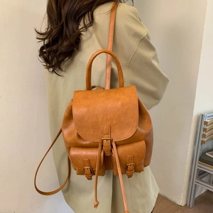 Stylish caramel PU leather backpack with vintage flap cover and dual front pockets
