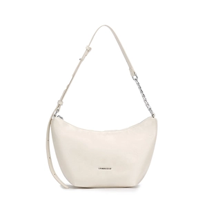 Minimalist beige half-moon shoulder bag with adjustable strap and silver chain detail
