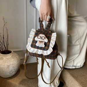 Kids plaid backpack with lace trim and 3D plush puppy patch in a vintage korean style