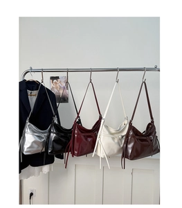 Group view of large PU leather hobo bags in silver, black, burgundy, white and brown