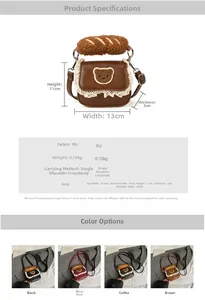 Detailed chart of mini crossbody bag with lace edges and dimensions in four colors