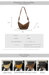 Detailed size specifications and color options for the crescent-shaped PU shoulder bag