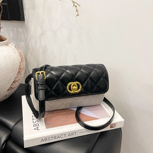 Rhombus Quilted Shoulder Crossbody Bag Color Block PU Leather Woolen Fabric Small Square Flip Cover Handbag For Women