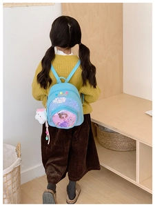 Toddler backpack with sparkling sequins and princess unicorn print featuring plush cat charm