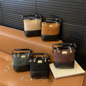 Kids Bucket Shoulder Bag Frosted Suede PU Leather Rhombus Quilted Color Block Gold Chain Retro Fashion Crossbody