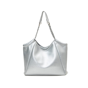 Silver metallic tote bag with lychee texture and chain strap on a white background