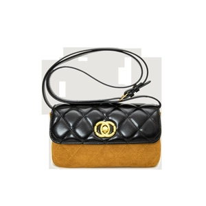 Quilted two-tone shoulder bag with black leather flap and yellow suede finish