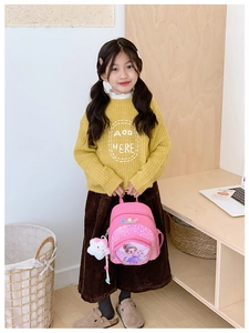 Pink sequin kids backpack with cartoon princess pattern and white plush kitty pendant