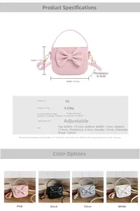 Detailed sizing guide and dimensions for kids bow purse showing PU leather strap and handle