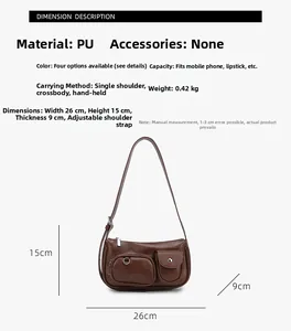 Detailed dimensions for dark brown vintage PU leather underarm bag with pockets