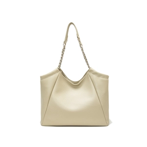Grand sac cabas beige en cuir grainé avec bandoulière chaîne argentée pour femme