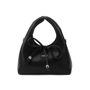 Black semi-circular PU leather handbag with a bow detail and silver metal spheres