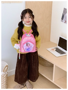 Pink sequin kid backpack with princess elsa print crown decoration and furry cat pendant