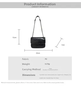Detailed chart showing size 22x15x7cm and material specs for black chain shoulder bag