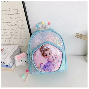 Detail of sequins backpack for girls with princess print, crown and plush cat charm