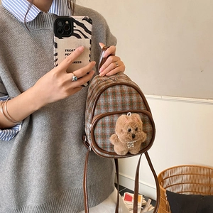 Mini plaid kids backpack with cute 3D plush bear and brown faux leather trim