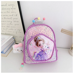 Detail of sequin purple backpack with cartoon princess unicorn print and plush charm