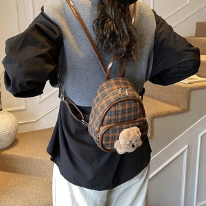 Mini vintage plaid kids backpack with plush bear charm and glossy leather straps