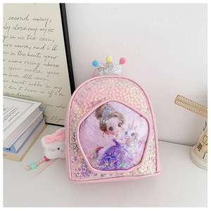 Detail of pink sequin kids backpack with princess unicorn graphic and crown decor