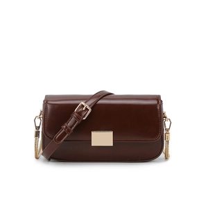 Chic dark brown square crossbody bag with gold lock and chain strap on white background