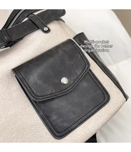 Detail of retro large capacity backpack featuring multi-pockets with metal snap buttons