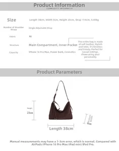 Size guide for large brown PU tote bag showing dimensions 38x23x8cm and strap length