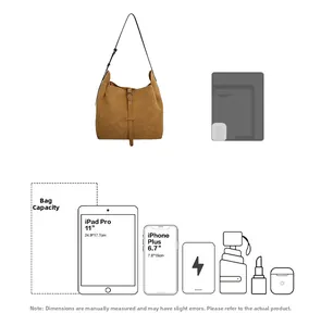 Guide des tailles et capacité détaillée pour un grand sac fourre-tout marron