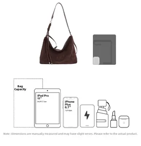 Brown suede tote bag capacity diagram showing space for iPad Pro and everyday essentials