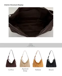 Detailed view of large tote bag inner compartment and available color selection