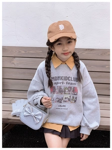 Close-up of a child wearing a gray vintage cartoon sweatshirt and brown baseball cap