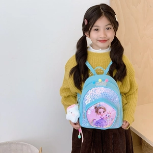 Blue sequined cartoon princess backpack for girls with crown and plush cat charm