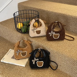 Sac À Bandoulière Enfants Peluche Fausse Fourrure Ours Dessin Animé Noeud Papillon À Carreaux Mini Sac À Main Pour Filles Mode