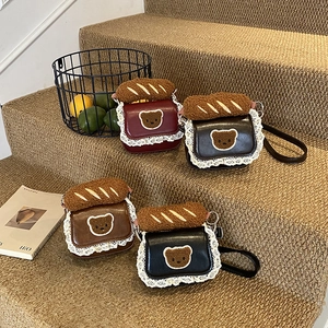 Retro girl's crossbody bag with lace trim and bear patch embroidery in four colors