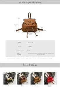 Detailed view of bow backpack size specs and four color options in PU and suede