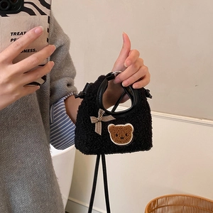 Petit sac à main noir en peluche pour filles avec broderie ours et nœud à carreaux