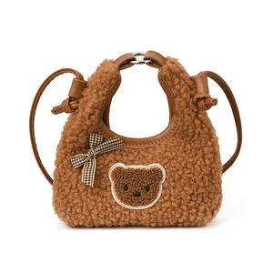 Sac à main mignon en peluche marron pour filles avec broderie ours et nœud