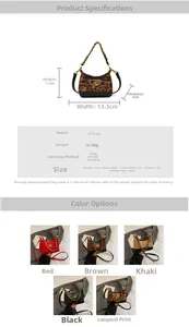 Detailed dimension guide and color options for mini leopard print quilted kids chain bag